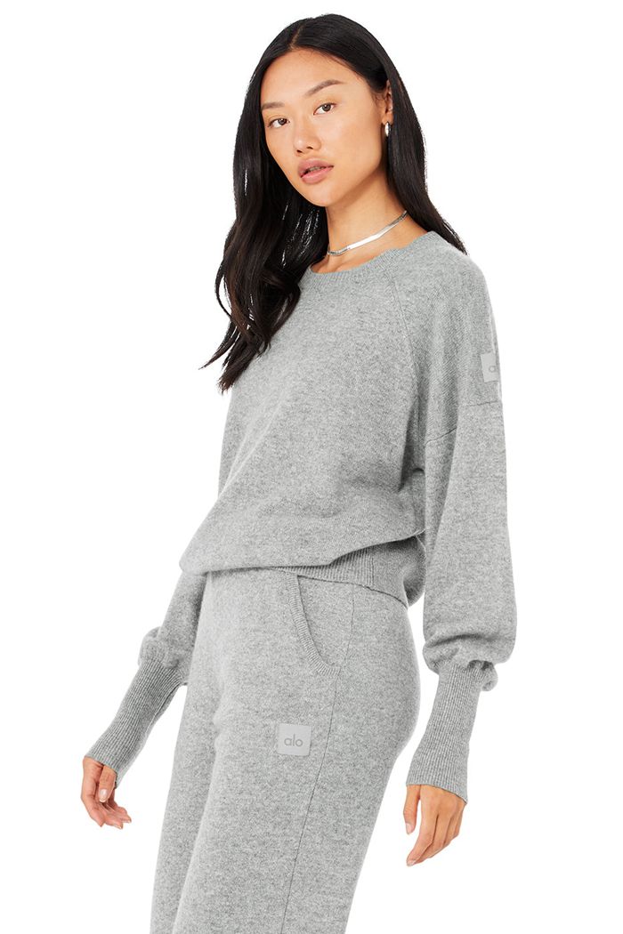 Grey Alo Yoga Cashmere Jet Set Crew Women's Long Sleeve | 91840WYVB