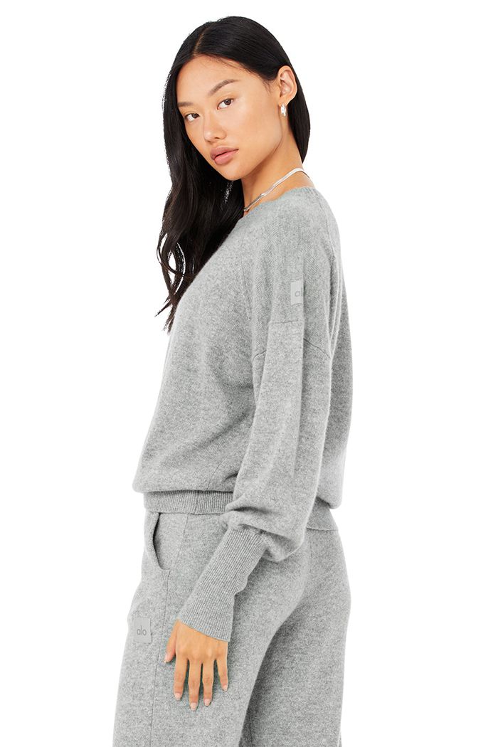 Grey Alo Yoga Cashmere Jet Set Crew Women's Long Sleeve | 91840WYVB