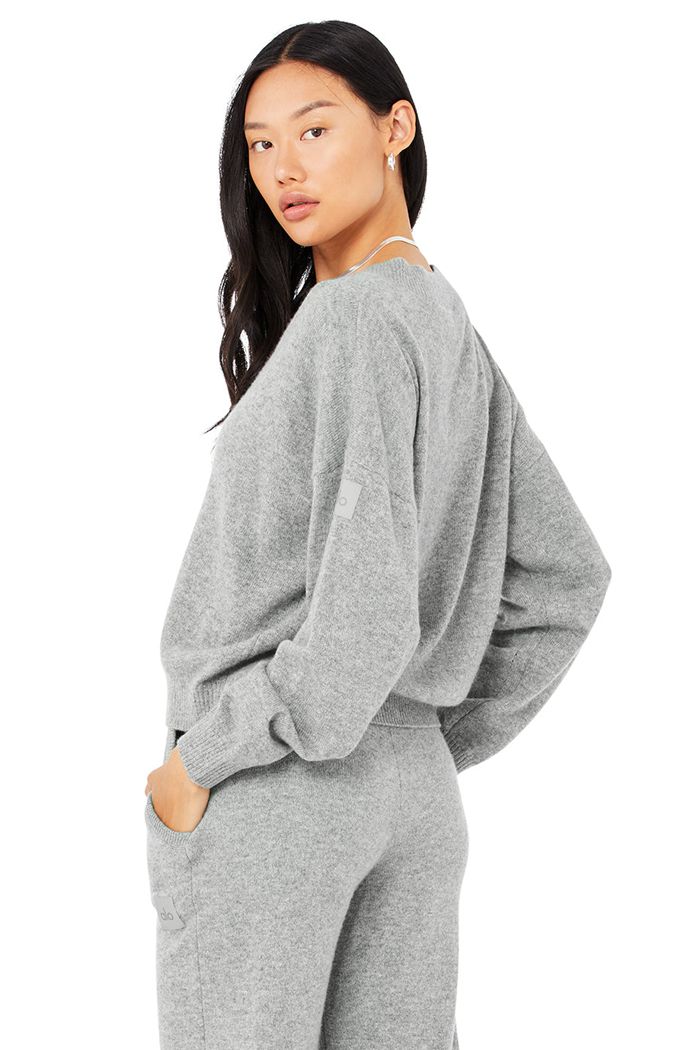 Grey Alo Yoga Cashmere Jet Set V-Neck Women's Pullover | 20917OLDJ