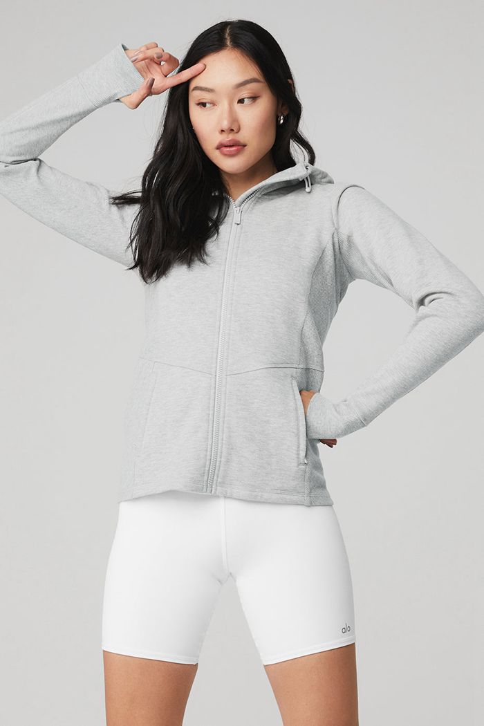 Grey Alo Yoga Foundation Zip Women\'s Hoodie | 49056SHYO