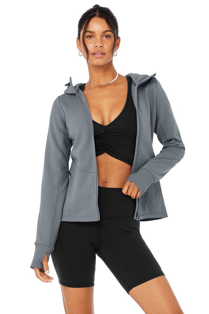 Grey Alo Yoga Foundation Zip Women's Hoodie | 74350RDUY