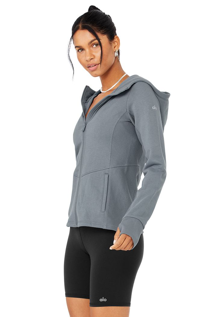 Grey Alo Yoga Foundation Zip Women's Hoodie | 74350RDUY