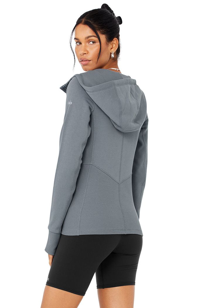 Grey Alo Yoga Foundation Zip Women's Hoodie | 74350RDUY