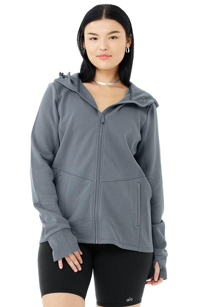 Grey Alo Yoga Foundation Zip Women's Hoodie | 74350RDUY