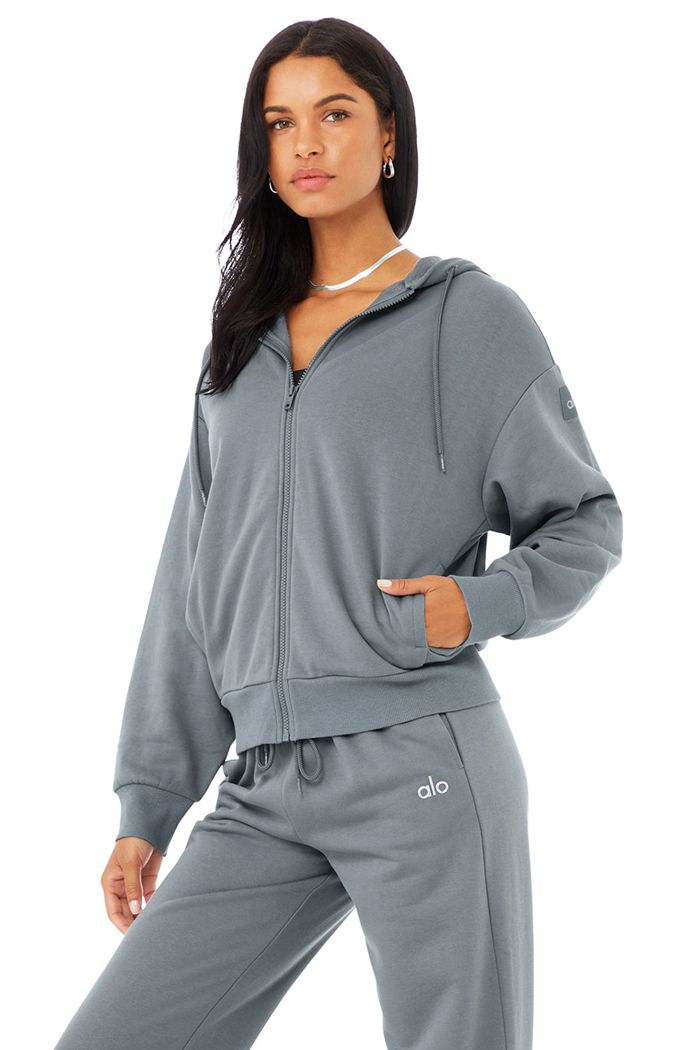 Grey Alo Yoga Hype Full Zip Women's Hoodie | 80695CEFH