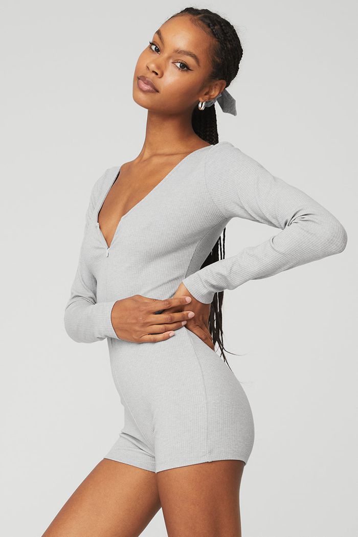 Grey Alo Yoga Keep It Sleek Ribbed Onesie Women's Bodysuit | 12964WDPS