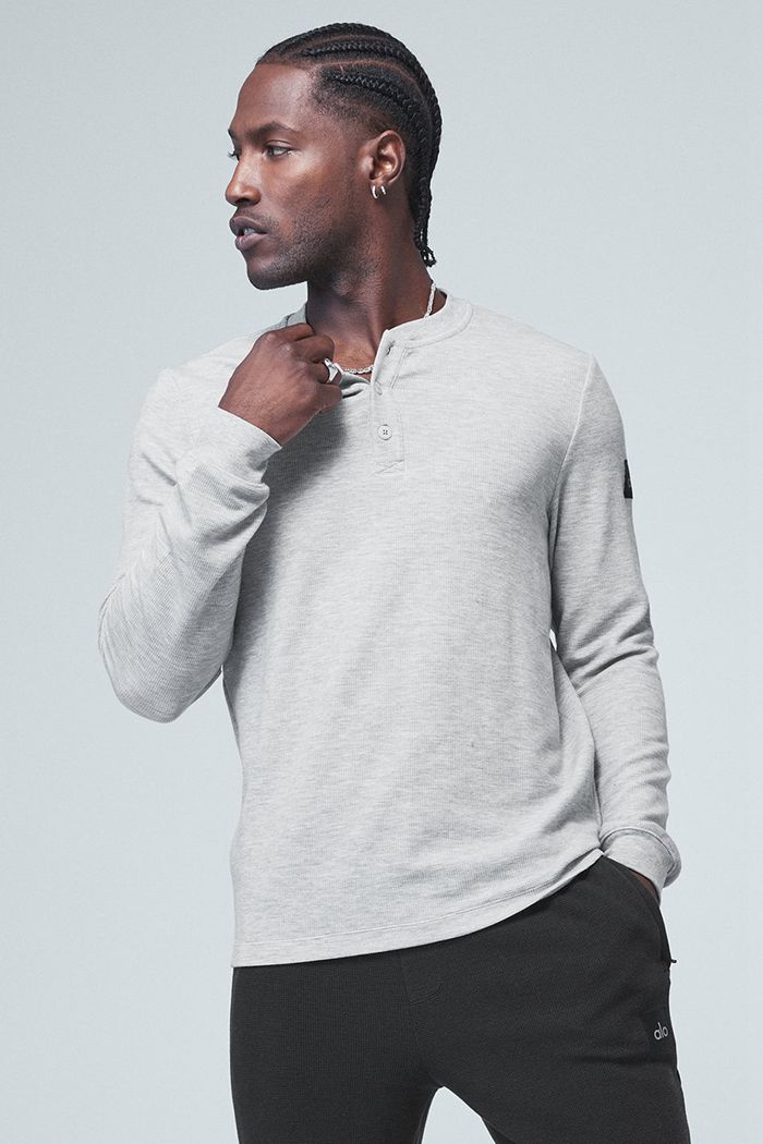 Grey Alo Yoga Micro Waffle Fast Break Henley Men's Long Sleeve | 81437UYHL