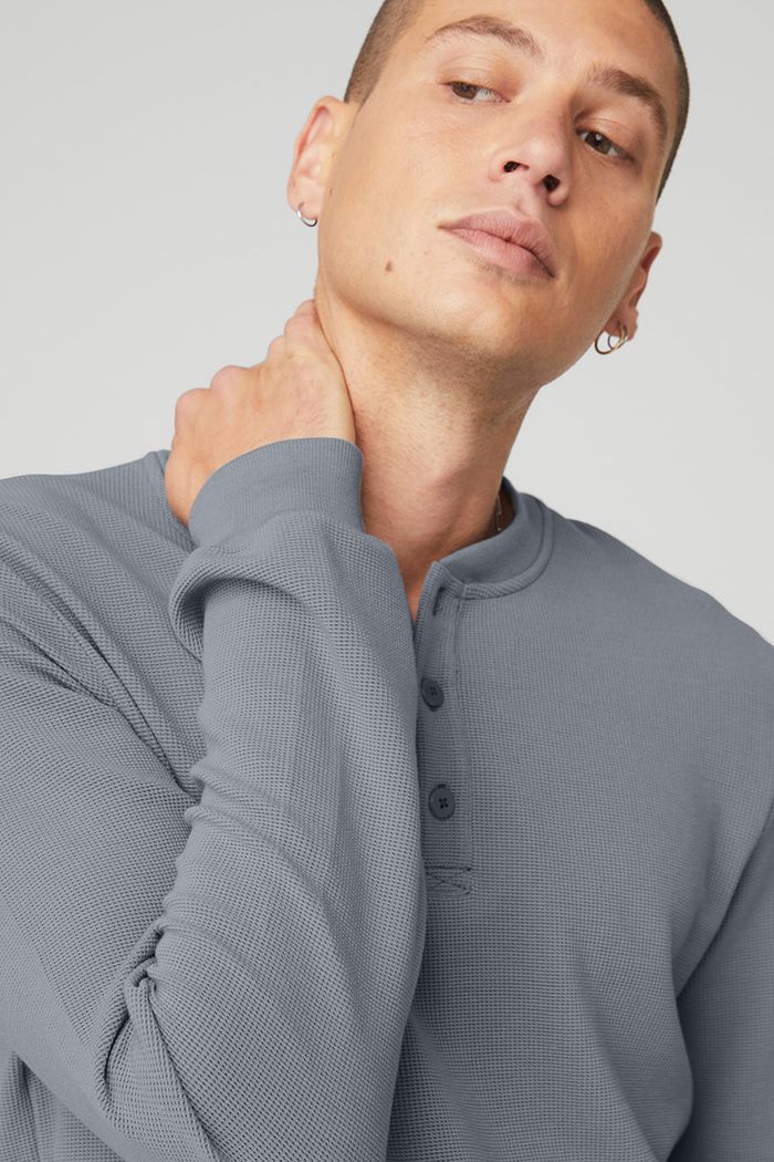 Grey Alo Yoga Micro Waffle Fast Break Henley Men's Long Sleeve | 82973QJZW