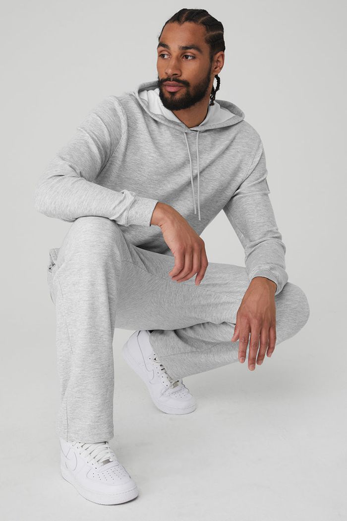 Grey Alo Yoga Micro Waffle Fast Break Men's Hoodie | 32895ZTNF