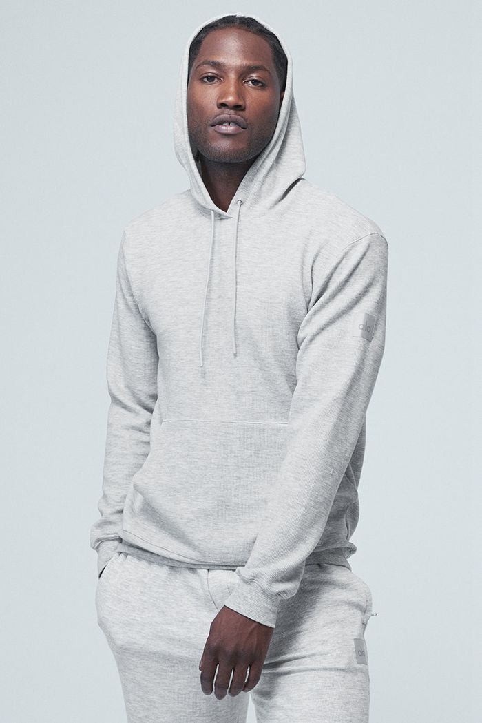 Grey Alo Yoga Micro Waffle Fast Break Men's Hoodie | 32895ZTNF