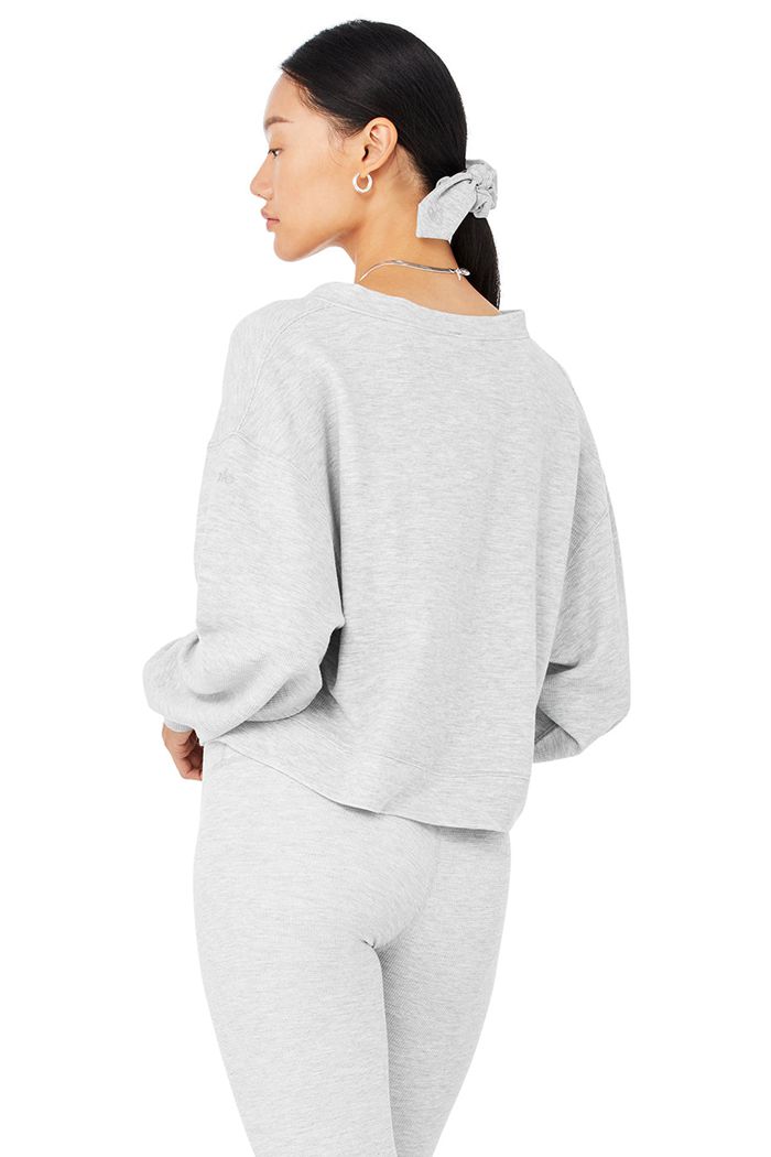 Grey Alo Yoga Micro Waffle Pleasant Cropped Henley Women's Long Sleeve | 82109FMOL