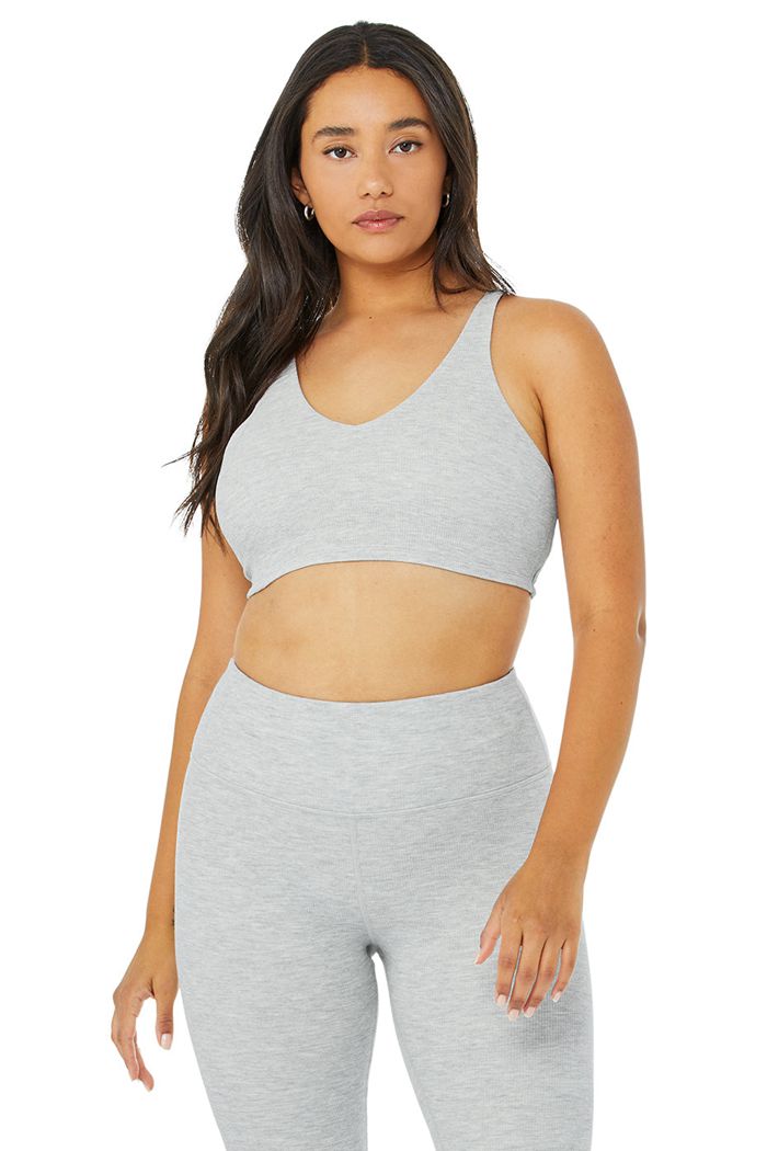 Grey Alo Yoga Micro Waffle Pleasant Women's Bras | 09218PYVO