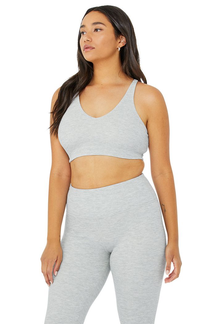 Grey Alo Yoga Micro Waffle Pleasant Women's Bras | 09218PYVO