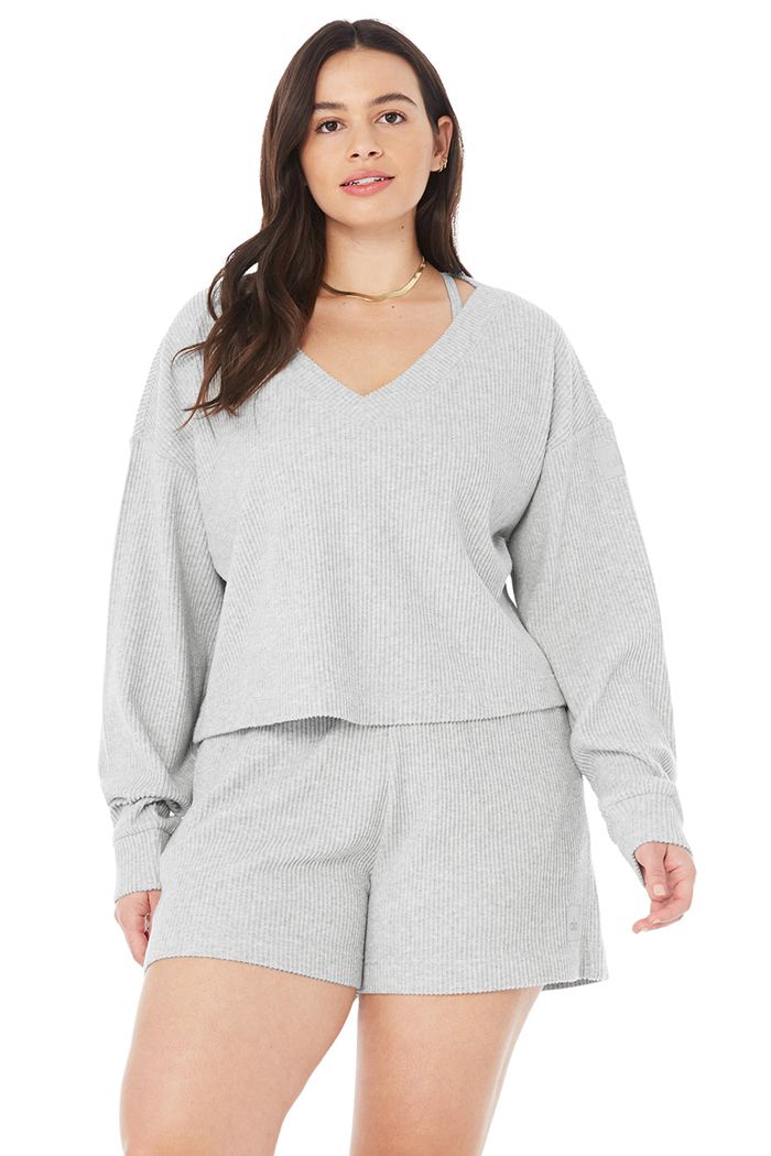 Grey Alo Yoga Muse V-Neck Women's Pullover | 58396BJPF