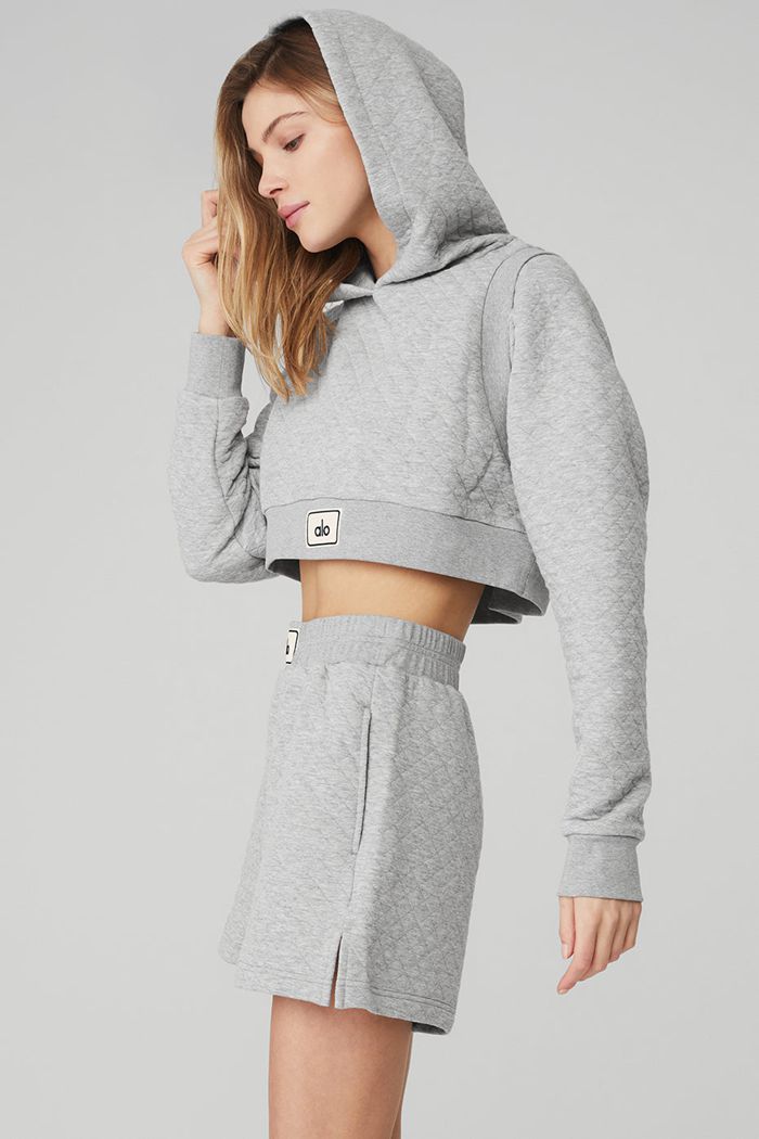 Grey Alo Yoga Quilted Cropped Arena Women's Hoodie | 59421ACGU