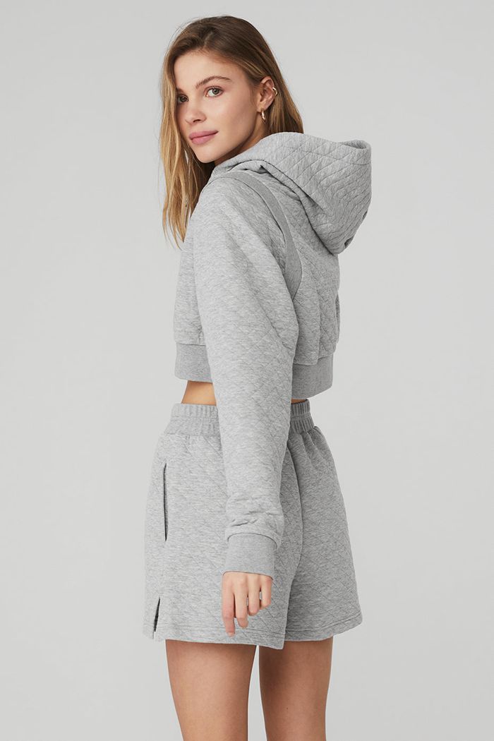 Grey Alo Yoga Quilted Cropped Arena Women's Hoodie | 59421ACGU