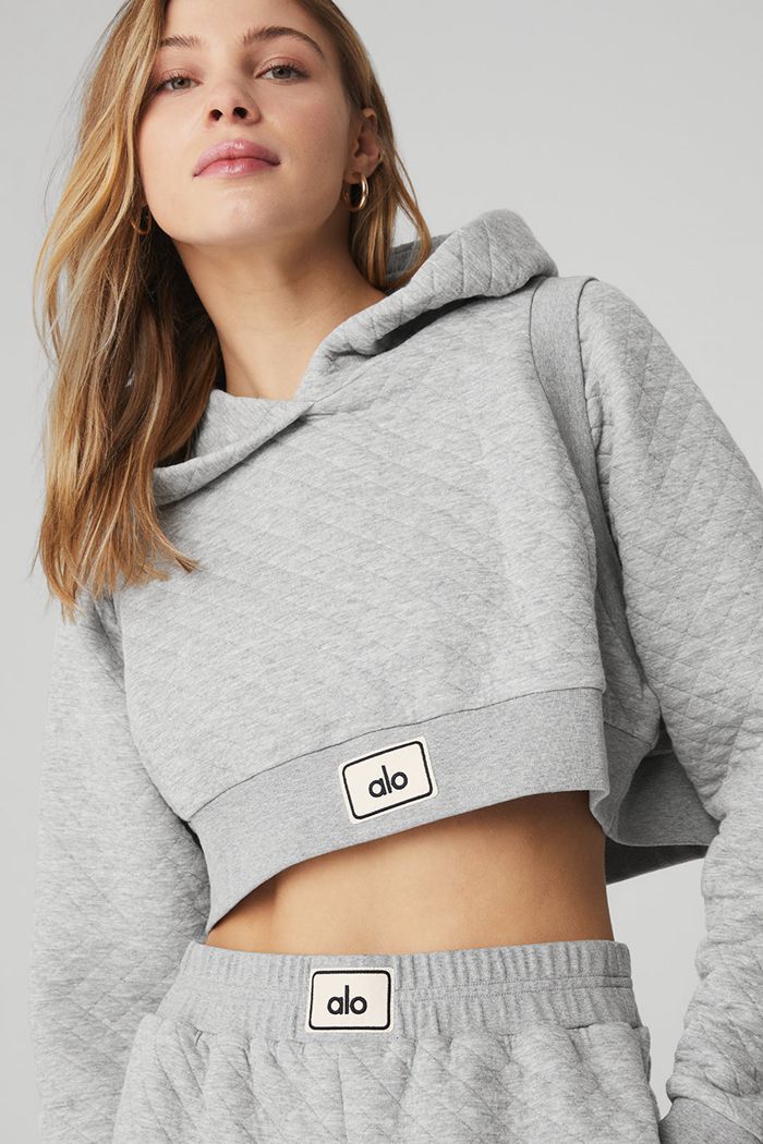 Grey Alo Yoga Quilted Cropped Arena Women's Hoodie | 59421ACGU