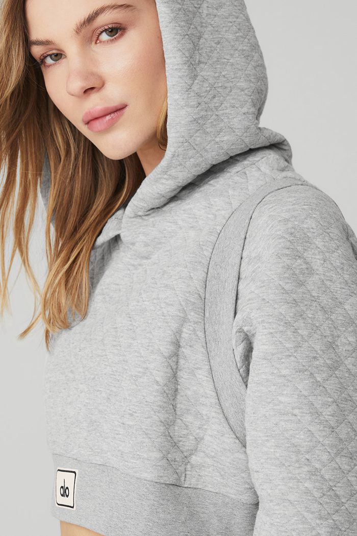 Grey Alo Yoga Quilted Cropped Arena Women's Hoodie | 59421ACGU