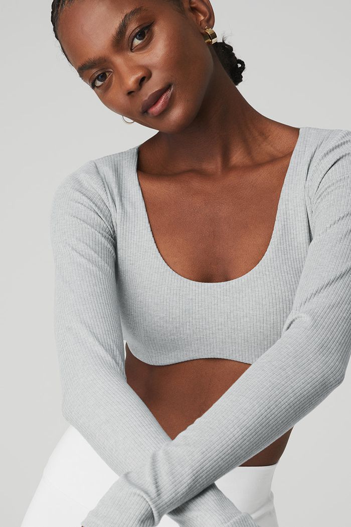 Grey Alo Yoga Ribbed Defined Long Sleeve Women's Bras | 85347KWCG