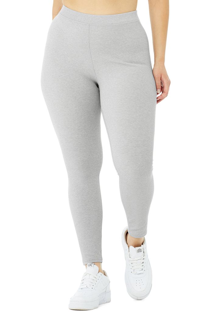 Grey Alo Yoga Ribbed High-Waist 7/8 Blissful Women's Leggings | 47832YZAN