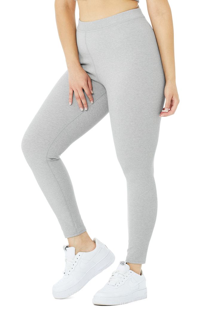 Grey Alo Yoga Ribbed High-Waist 7/8 Blissful Women's Leggings | 47832YZAN