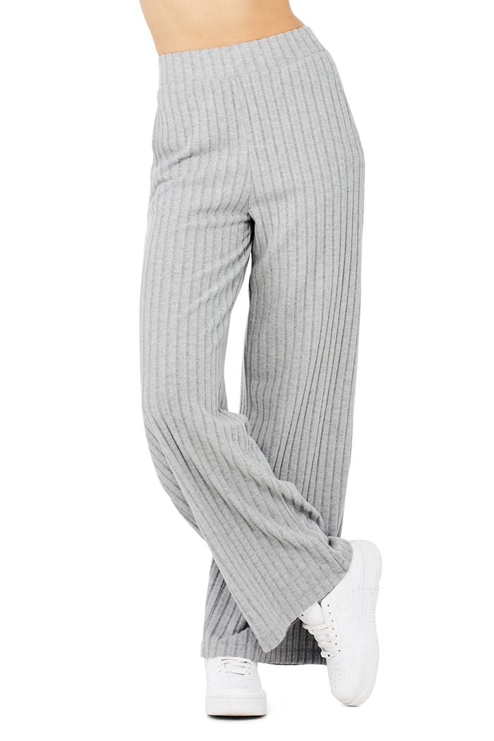 Grey Alo Yoga Ribbed Take Comfort Wide Leg Women's Pants | 48502EIFO