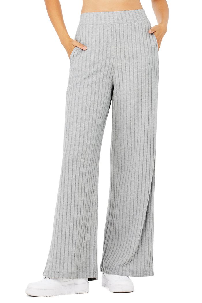 Grey Alo Yoga Ribbed Take Comfort Wide Leg Women\'s Pants | 48502EIFO