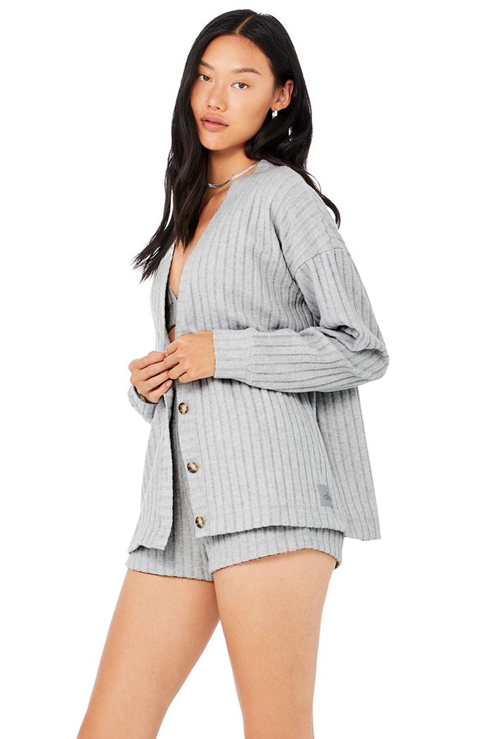 Grey Alo Yoga Ribbed Take Comfort Women's Cardigan | 27431LHUX