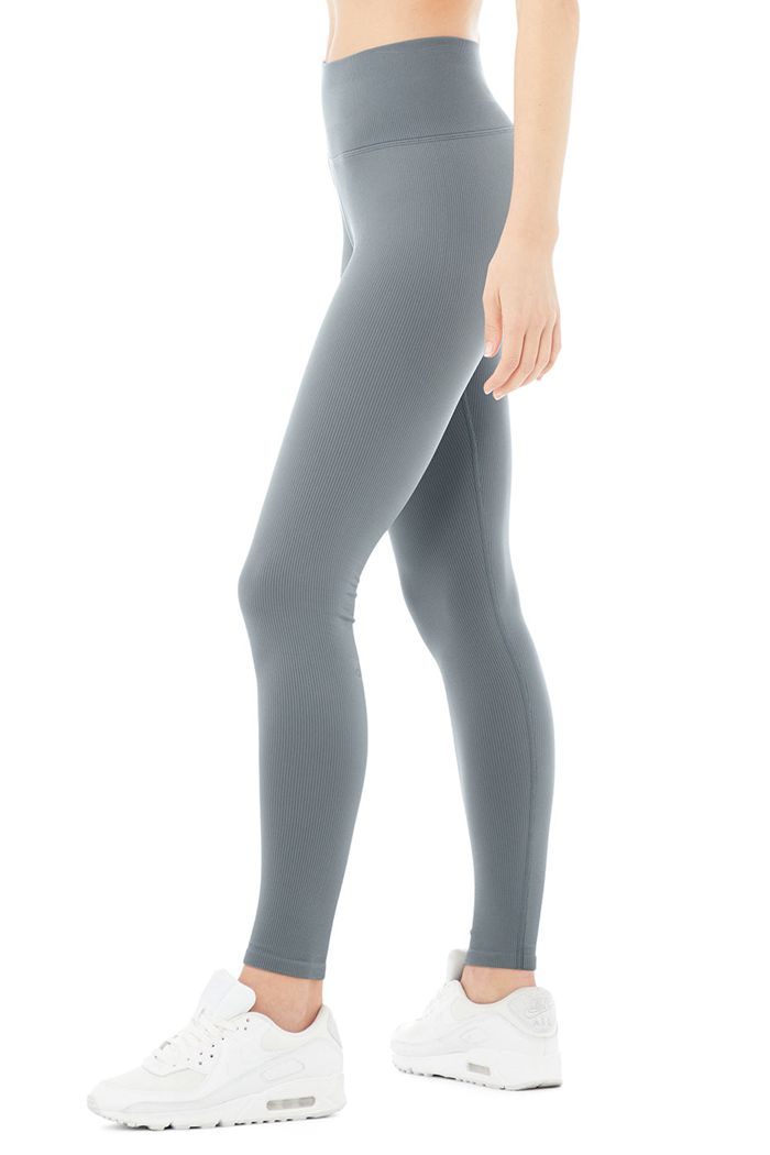 Grey Alo Yoga Seamless High-Waist Ribbed Women's Leggings | 72410MJSF