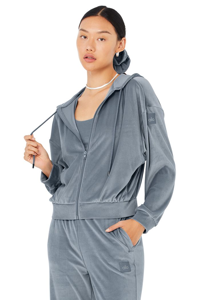 Grey Alo Yoga Velour Glimmer Full Zip Women's Hoodie | 54791DFQT