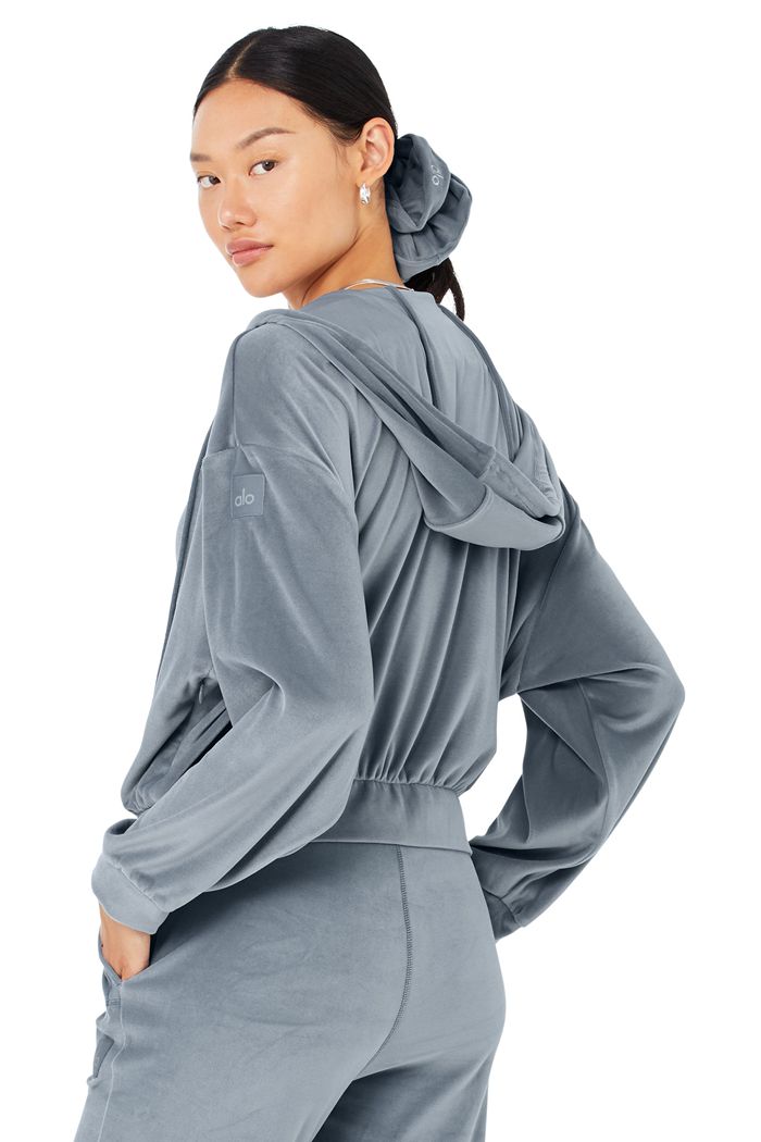 Grey Alo Yoga Velour Glimmer Full Zip Women's Hoodie | 54791DFQT