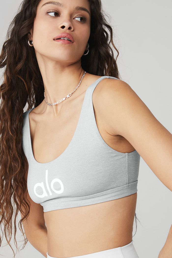 Grey White Alo Yoga Ambient Logo Women's Bras | 47839BNTJ