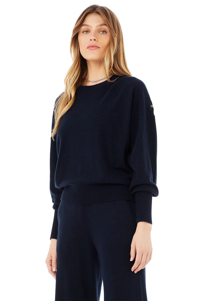 Navy Alo Yoga Cashmere Jet Set Crew Women's Long Sleeve | 12086TLUZ