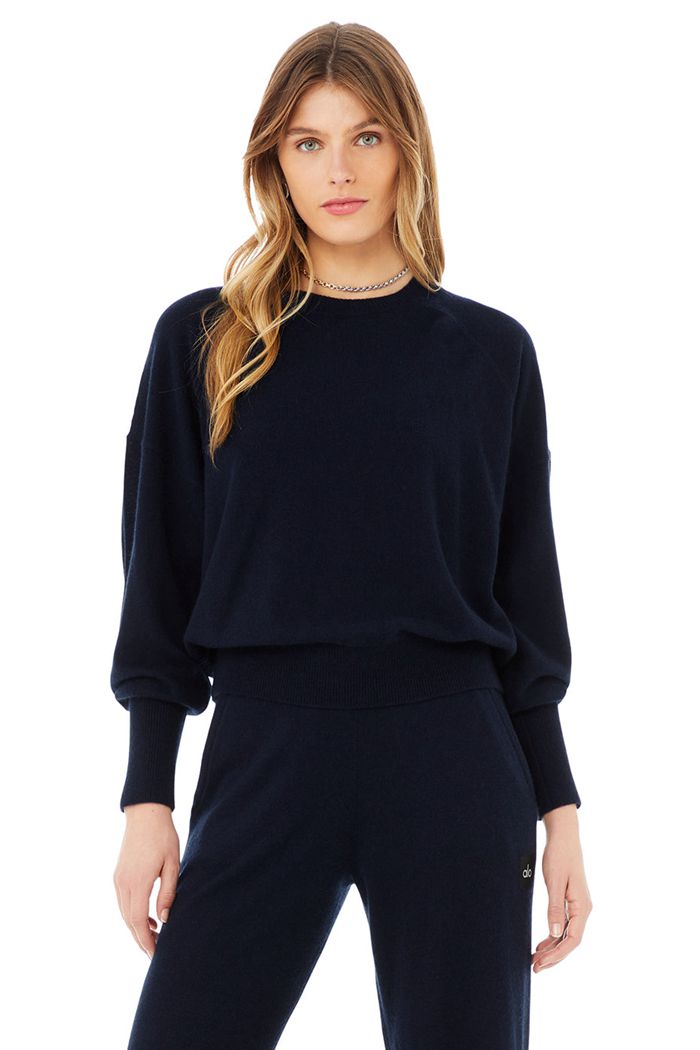 Navy Alo Yoga Cashmere Jet Set Crew Women\'s Long Sleeve | 12086TLUZ