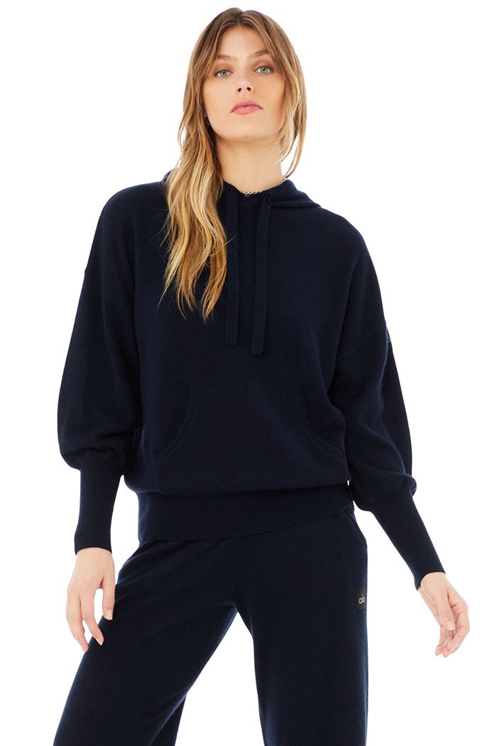 Navy Alo Yoga Cashmere Jet Set Women's Hoodie | 91576IMEY