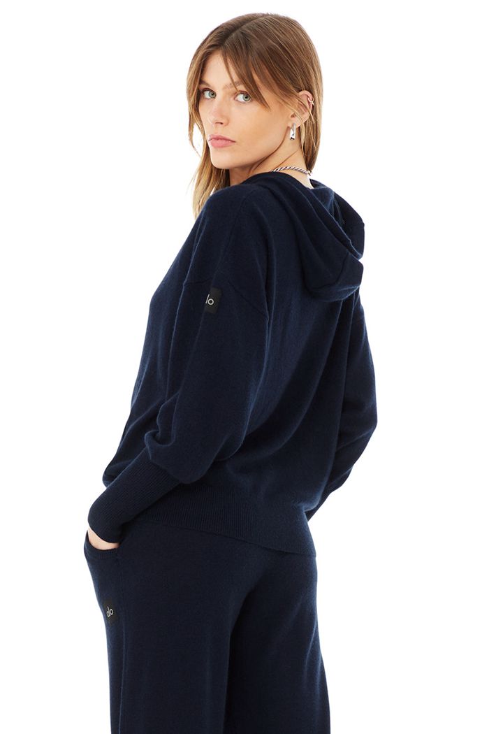 Navy Alo Yoga Cashmere Jet Set Women's Hoodie | 91576IMEY