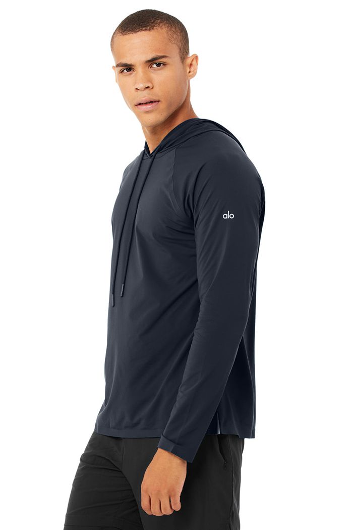 Navy Alo Yoga Idol Hooded Runner Men's Hoodie | 83945DFEA