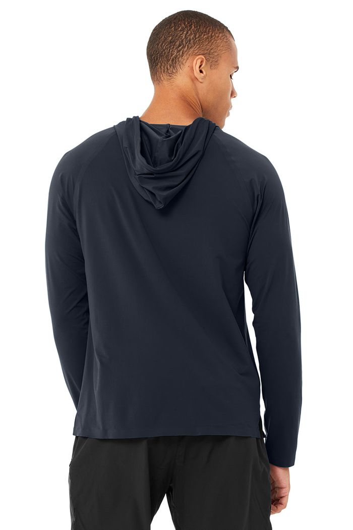 Navy Alo Yoga Idol Hooded Runner Men's Hoodie | 83945DFEA