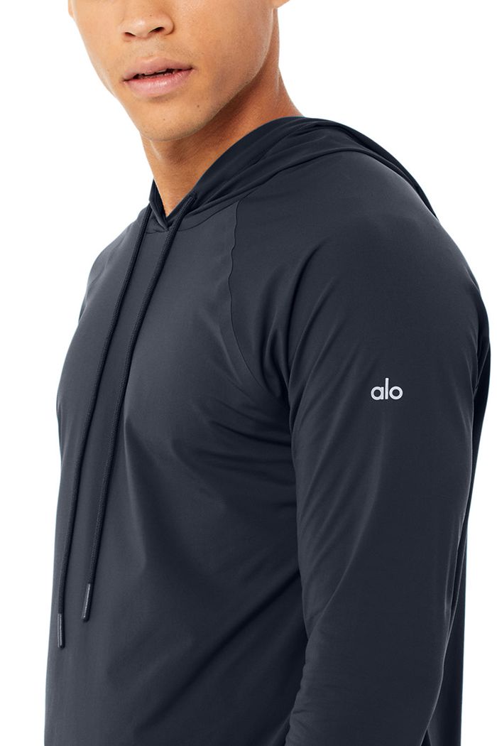 Navy Alo Yoga Idol Hooded Runner Men's Hoodie | 83945DFEA