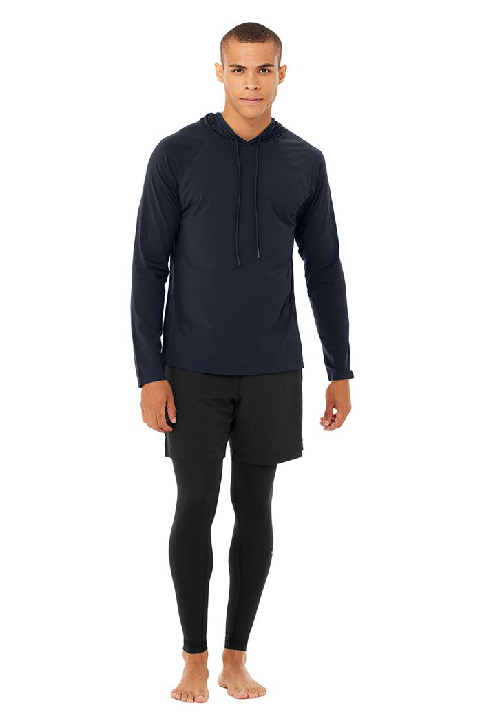 Navy Alo Yoga Idol Hooded Runner Men's Hoodie | 83945DFEA