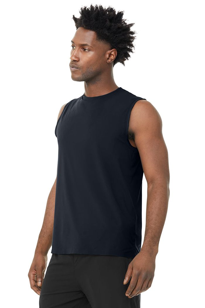 Navy Alo Yoga Idol Performance Men's Tank Tops | 19846KNBE