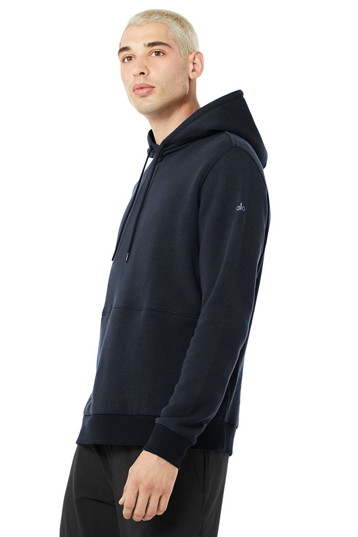 Navy Alo Yoga Runyon Men's Hoodie | 42307ULMT