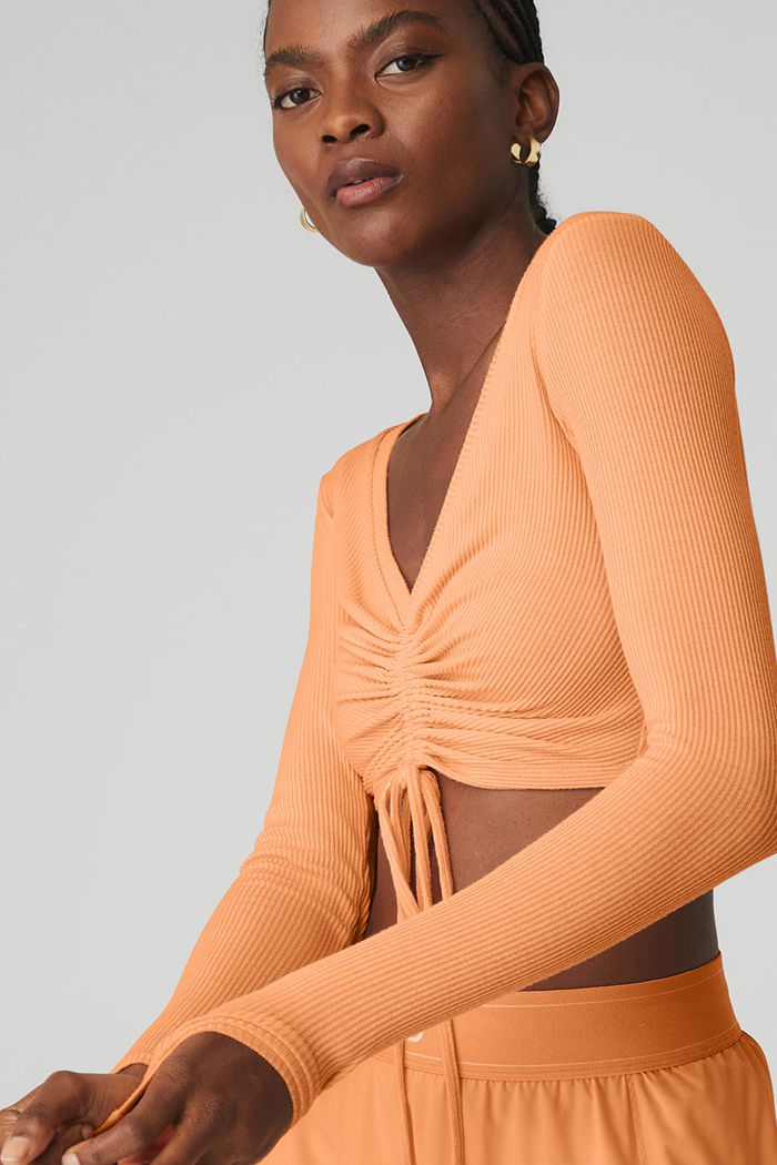 Orange Alo Yoga Ribbed Cinch Cropped Women's Long Sleeve | 82067NJUA