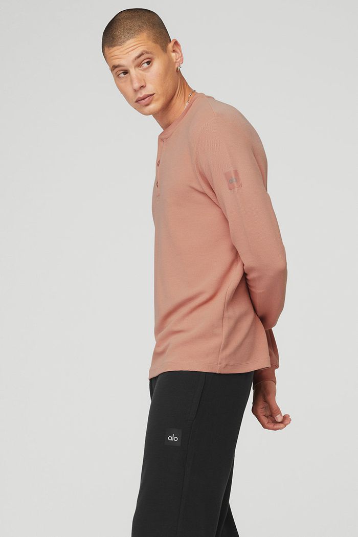 Pink Alo Yoga Micro Waffle Fast Break Henley Men's Long Sleeve | 76829GBRA