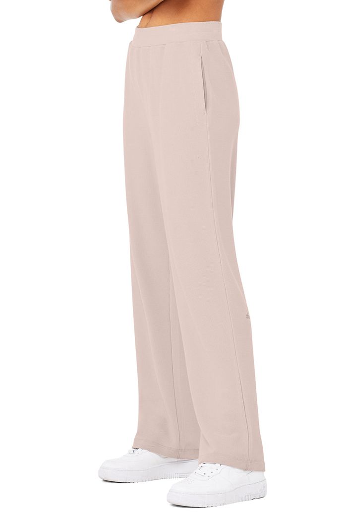 Pink Alo Yoga Micro Waffle High-Waist Pleasant Wide Leg Women's Pants | 85014BSJX