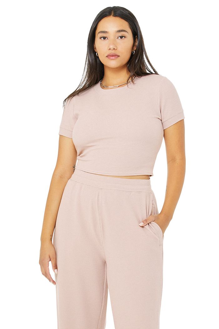 Pink Alo Yoga Micro Waffle Sierra Women's Short Sleeve | 41908URKC