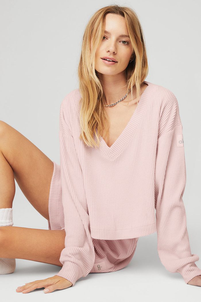 Pink Alo Yoga Muse V-Neck Women's Pullover | 45086WHYE