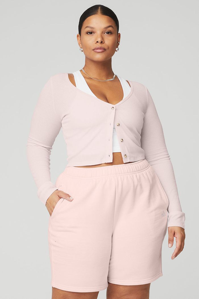 Pink Alo Yoga Ribbed Cropped Whisper Women's Cardigan | 85920HXLI