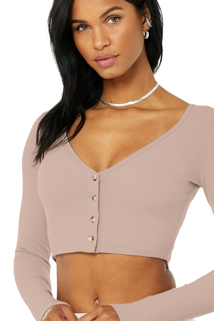 Pink Alo Yoga Ribbed Cropped Whisper Women's Cardigan | 97825PNGC