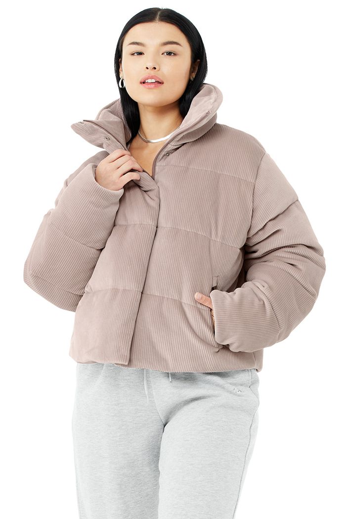 Pink Alo Yoga Ribbed Velour Gold Rush Puffer Women's Jackets | 23754CERV